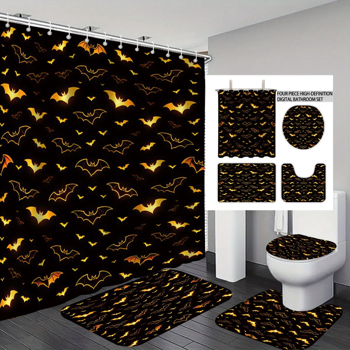 4‑Piece Digital‑Printed Bathroom Set,Black Base Gold Bat Pattern,Includes Shower Curtain,Bath Mat,U‑Shaped Cushion,Toilet Seat Cover,Suitable For Gifting