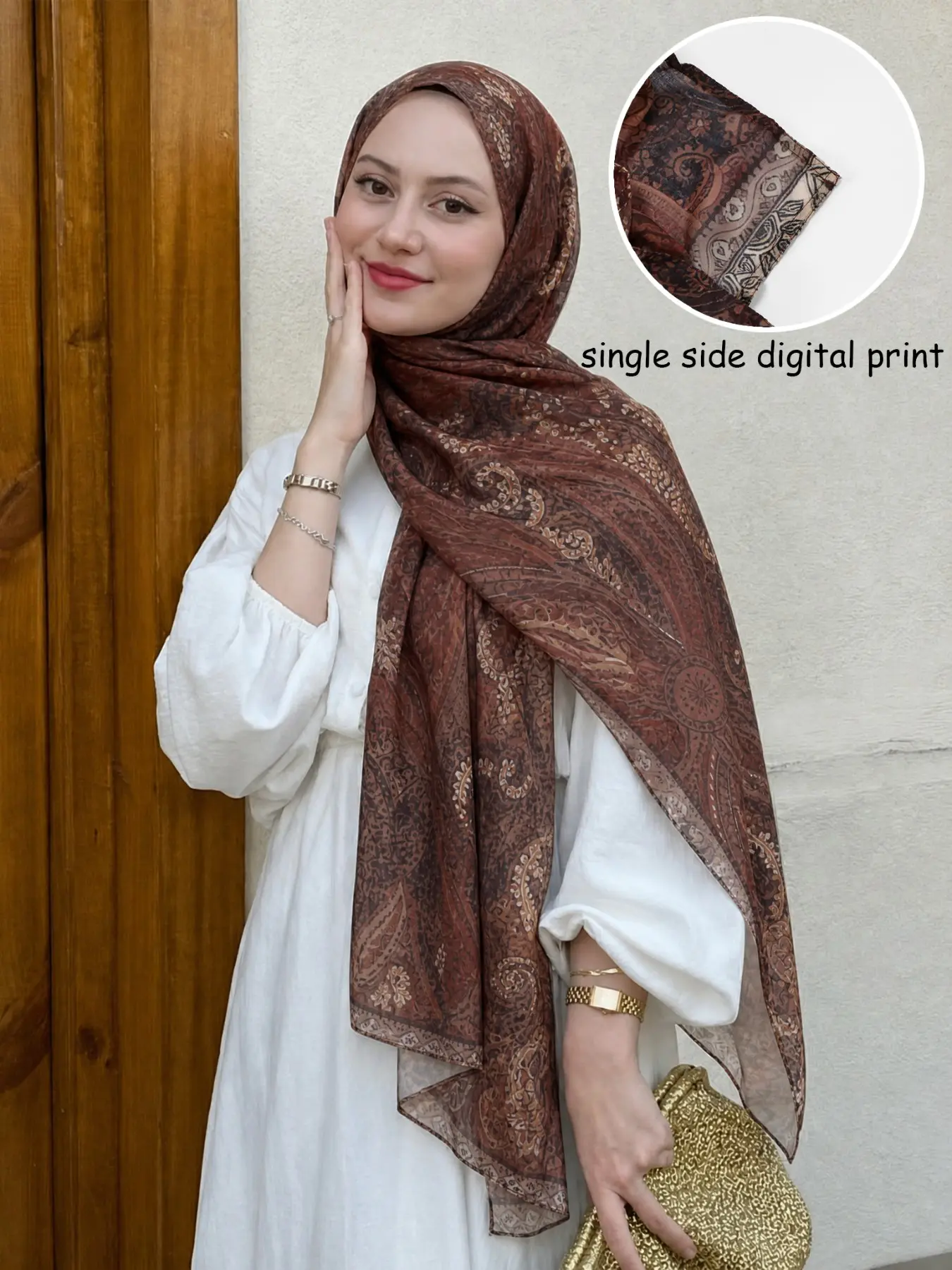 Vintage Cotton Linen Wrap Headscarf, Breathable Digital Print Hijab, Elegant Striped Design, Comfortable Evening Wear, All Seasons, For Muslim