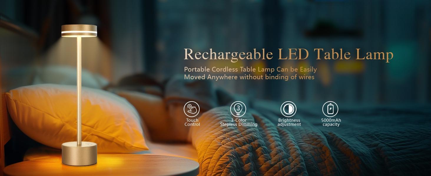 LED Cordless Table Lamp Rechargeable, 5000mAh Portable Battery Operated LED Desk Lamp, 3 Color Dimmable Table Light for Reading/Home Office/Dining/Nightstand for Home Décor – Rose Gold