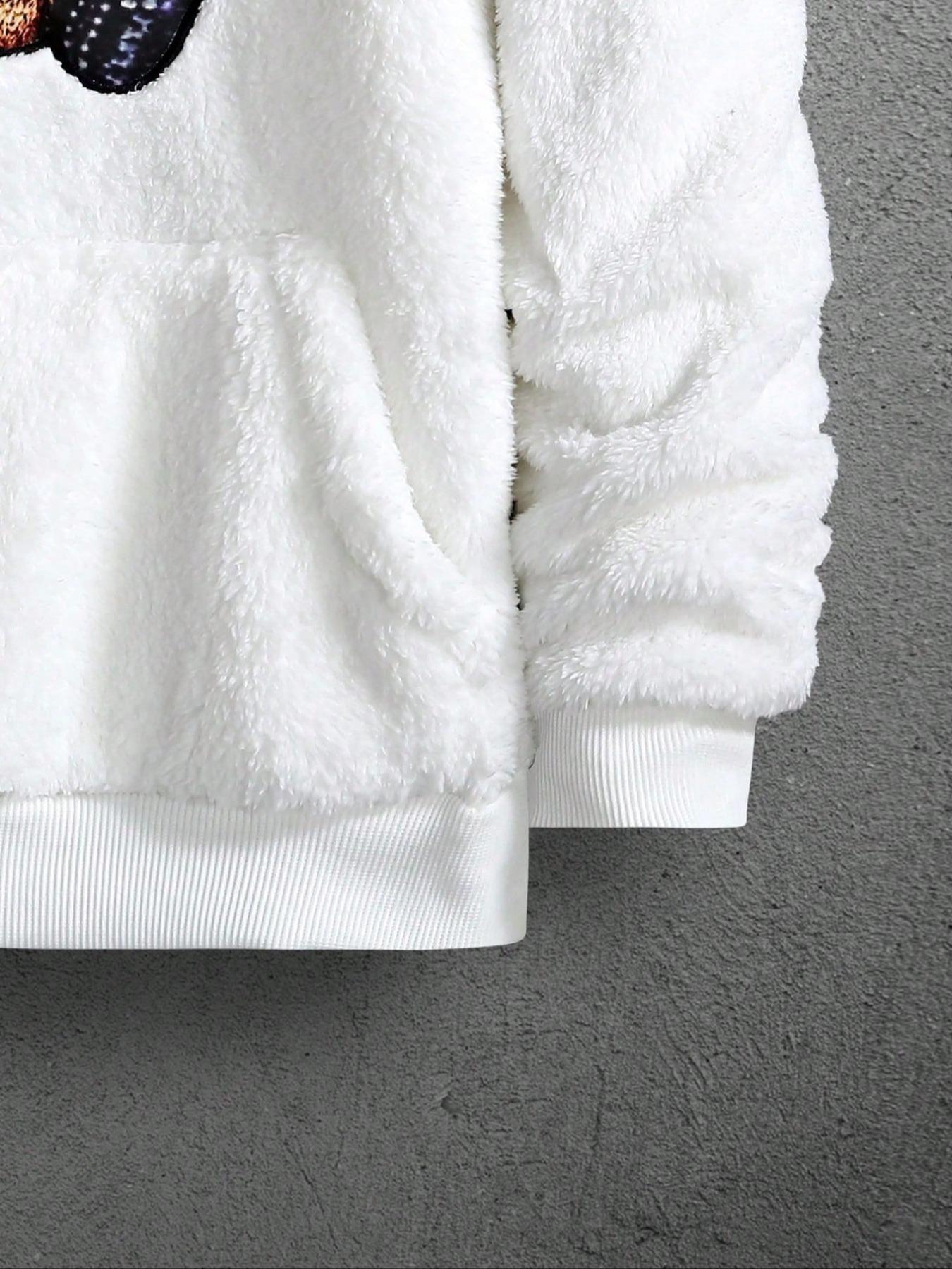 Men's Cartoon Bear Embroidery Pocket Fuzzy Knitted Hoodie, Fitted Casual Long Sleeve Hooded Sweatshirt for Fall & Winter, Men's Clothes for Daily Wear