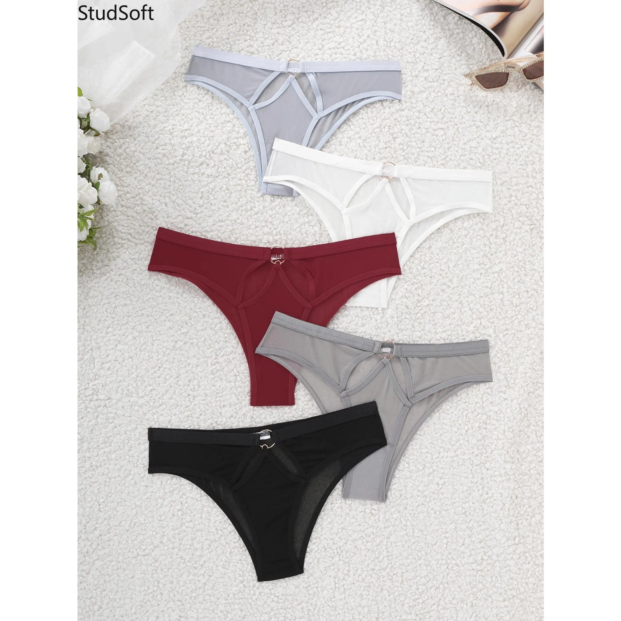 Multicolor 5 Pack Women's Strappy Panties, Sheer Mesh Low Waist Lingerie with Metal Ring Accent, Lady, Underpants