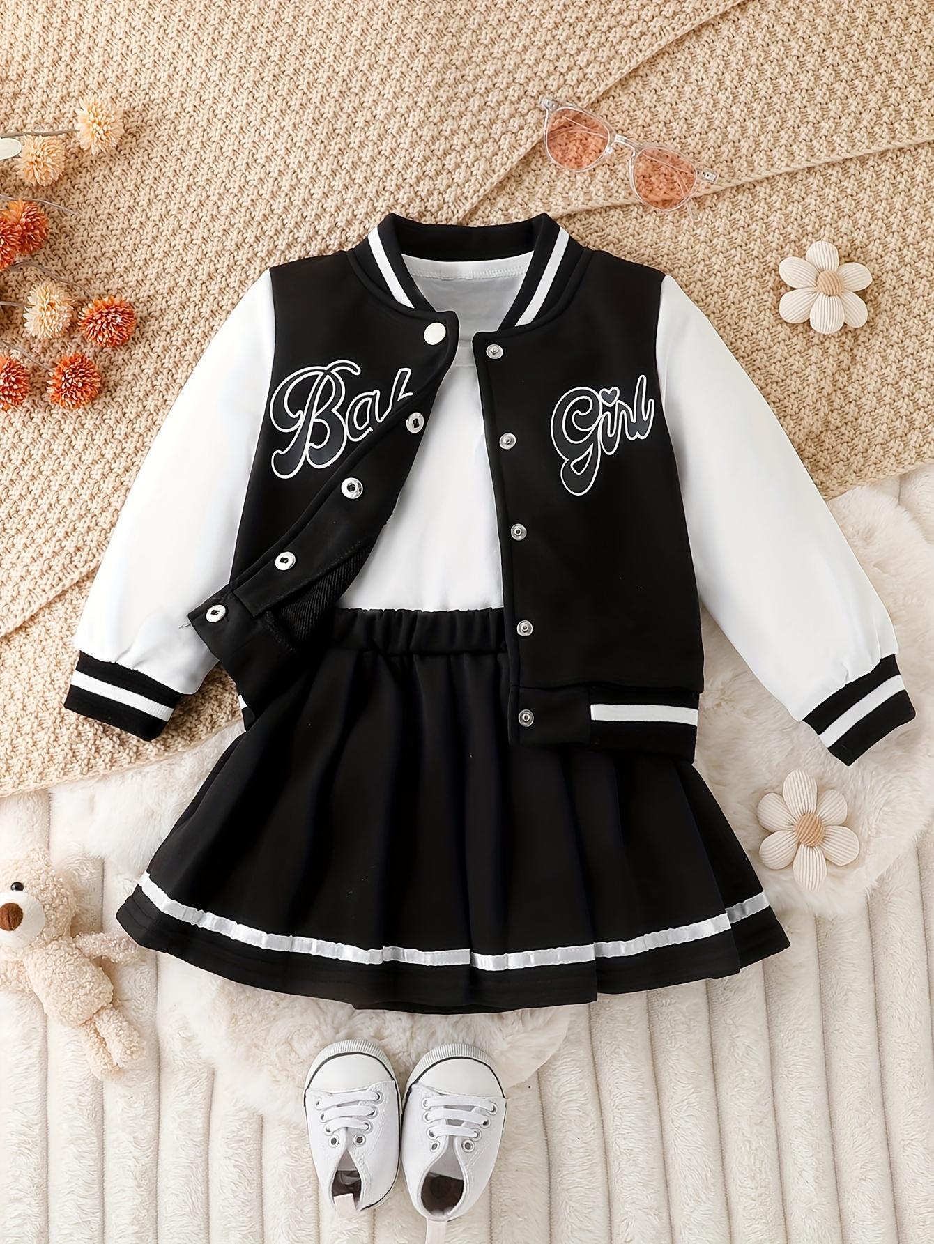 Kids Clothing Girls 2-Piece Preppy Look Set, Cotton Blend Baseball Jacket with Printed Letters + Pleated Skirt, Outdoor & Party Wear Gift