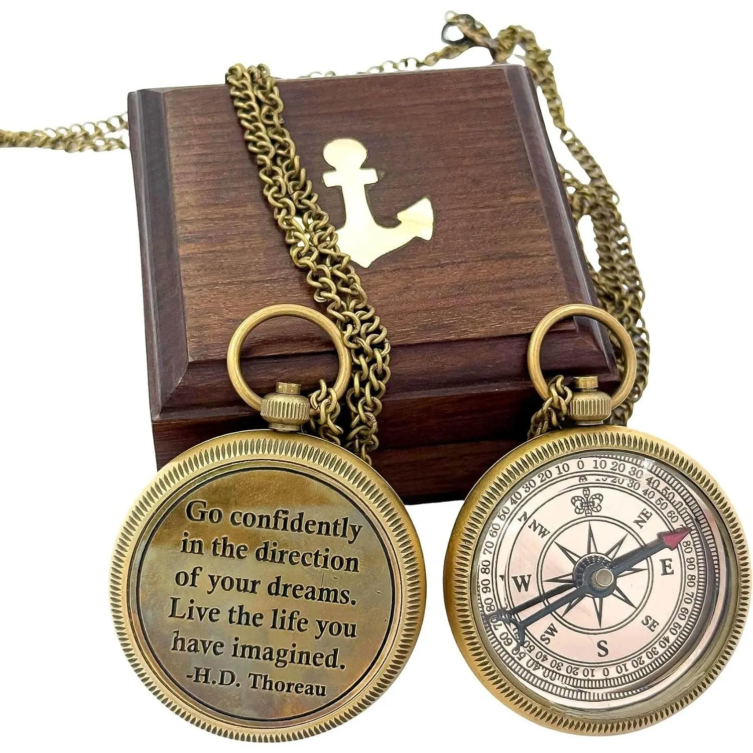 Engraved Compass with Go Confidently Quote with Wooden Case Antique Brass for Camping Boating Ideal Graduation Day Gift
