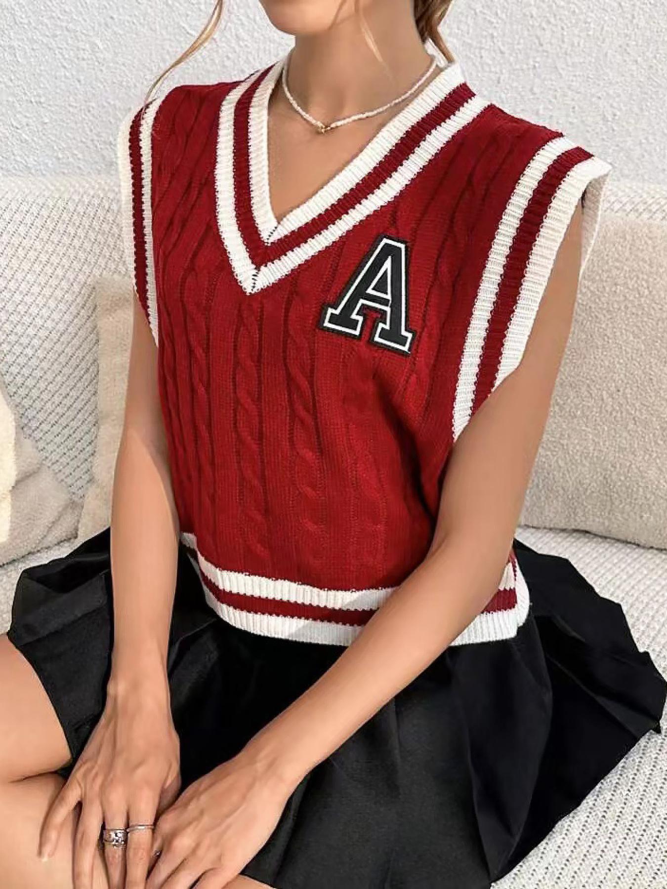 Women's Letter Print Contrast Binding Sweater Vest Without Shirt, Preppy Style V Neck Sleeveless Knitwear For Spring & Fall, Fashion Cozy Women's Knit Clothing For Daily Wear