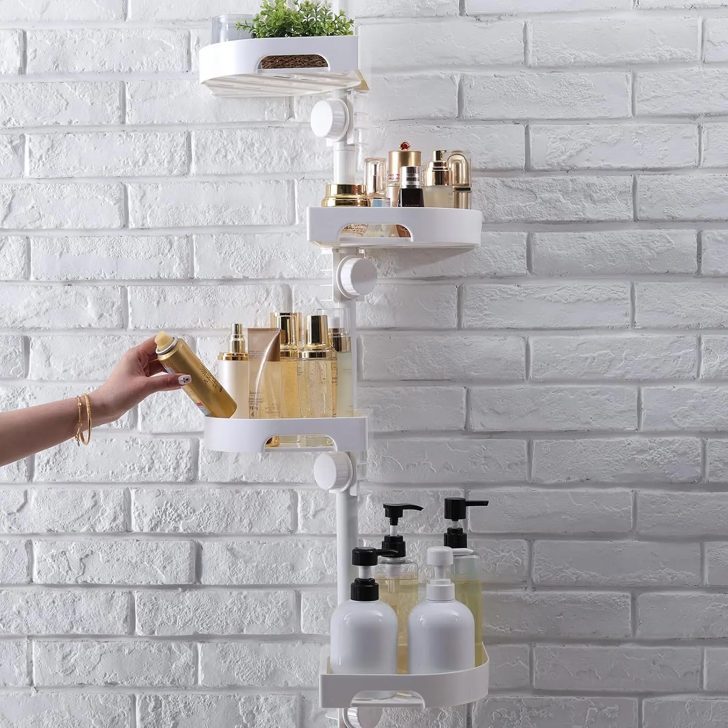 4-Tier Corner Shower  Tension Pole Organizer (White) | 4-Tier rotating shelves with hooks, adjustable tray height, upgraded rustproof metal pole, removable trays for shower storage