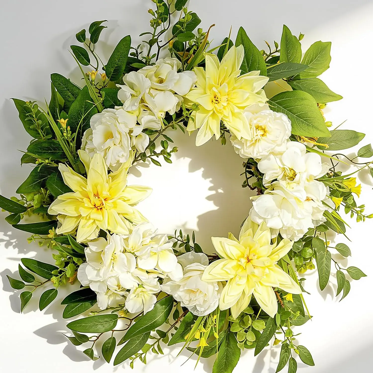 22 Inch Summer Wreaths for Front Door, Spring Summer Floral Wreath - Yellow Dahlia and White Hydrangea, Spring Door Wreath for Front Door, Porch, Outdoor, Indoor, Window, Farmhouse Decor