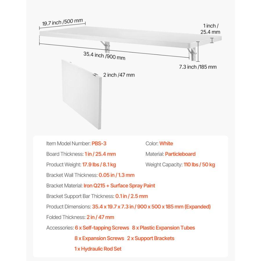 VEVOR Wall Mounted Folding Table, 35.4x 19.7 inches Wall Mount Table, Floating Desk with Iron Bracket, Fold Down Desk for Small Spaces, Home Office, Dining, Laundry Room, Kitchen, Bar, White
