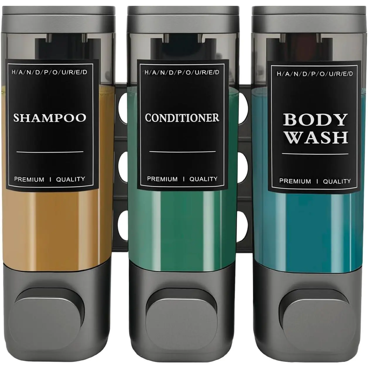 3-Chamber Wall Mount Shower Dispenser, No-Drill or Drill Install for Shampoo, Conditioner,  Wash, Refillable Soap Dispenser for , RV & Hotel,  & Compact (Gunmetal Gray)