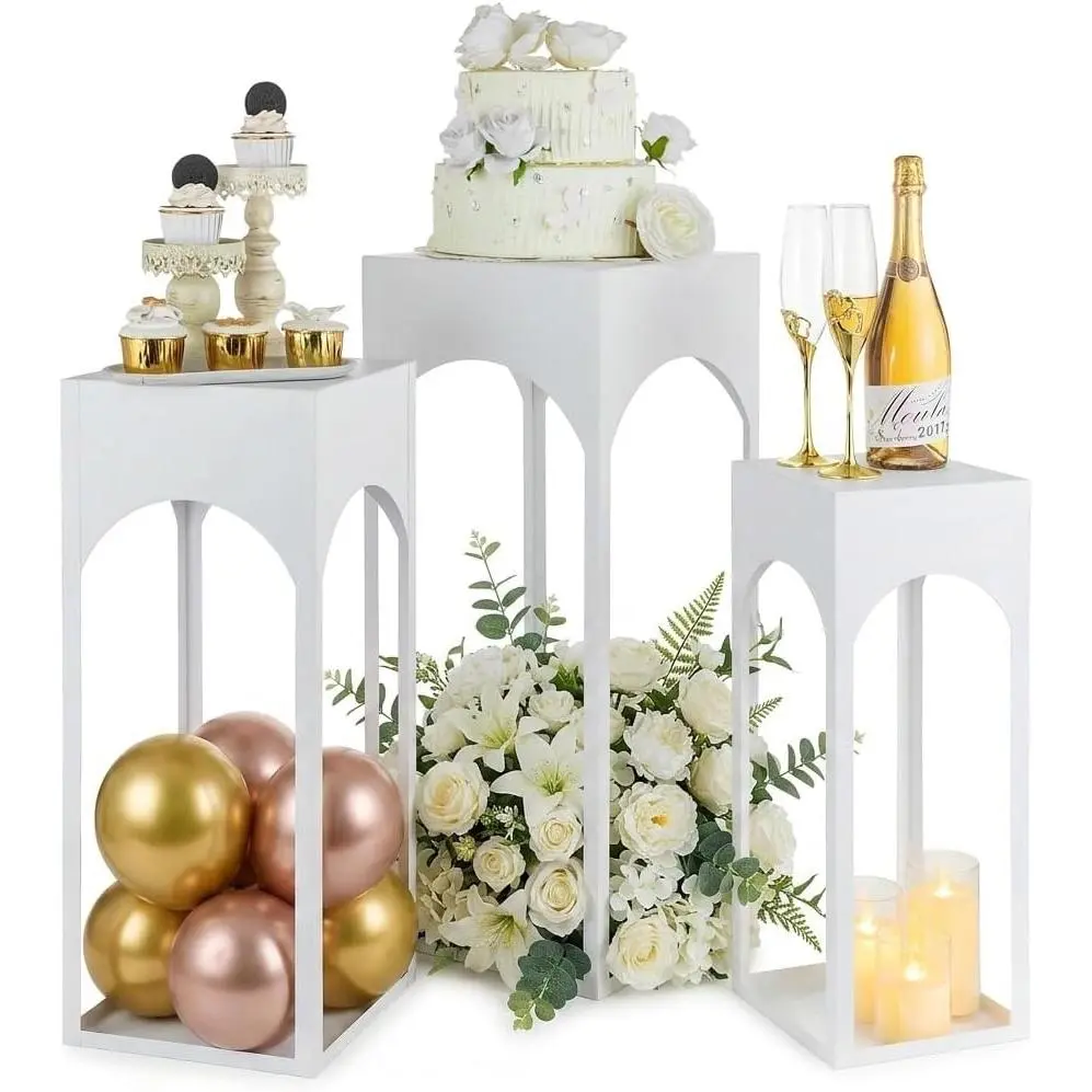 Multi-Size Cast Iron Display Cake Stands (3Pcs, 29.5in, 25.6in, 21.7in Tall) - Heavy-Duty Square White Pedestal Stands for Party, Birthday, Wedding Backdrop Decor
