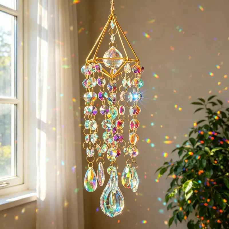 Crystal Window Hanging Decor, Crystal Wind Chime Style Garden Ornament, Rainbow Maker with Crystal Prism, Indoor Outdoor Boho Decoration, Hand-Gilded