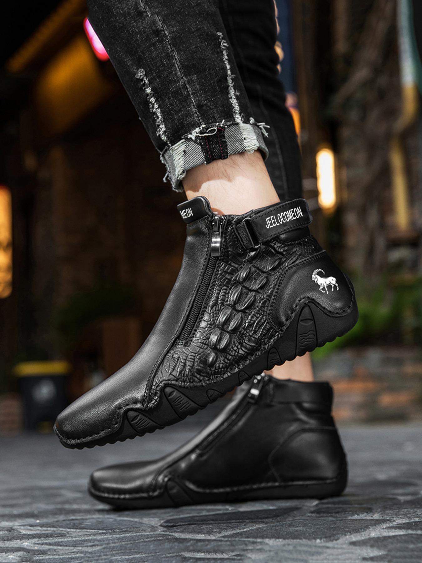 Men's Fashion Ankle Boots, Fashionable Boots, Animal Print, Side Zipper Design, Casual Comfortable Outdoor Shoes, All Season Wear, Trendy and Versatile