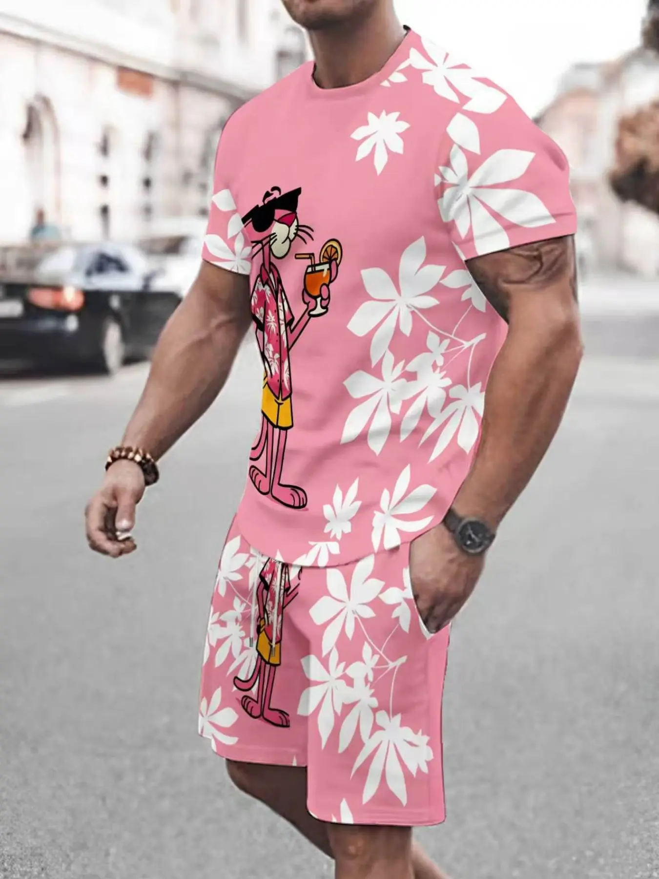 Men's Fun Cartoon Print Tracksuit Set, Short-Sleeve T-Shirt and Floral Pants, Casual Summer Streetwear for Travel, Fitted Sportswear Set, Sporty Style Outfits, Short Sleeves Set
