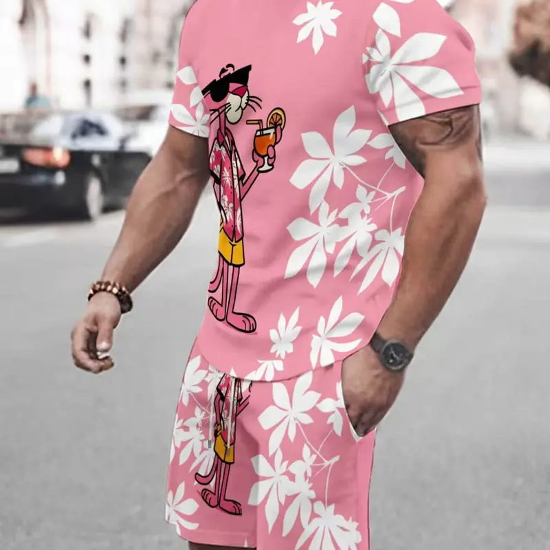 Men's Fun Cartoon Print Tracksuit Set, Short-Sleeve T-Shirt and Floral Pants, Casual Summer Streetwear for Travel, Fitted Sportswear Set, Sporty Style Outfits, Short Sleeves Set