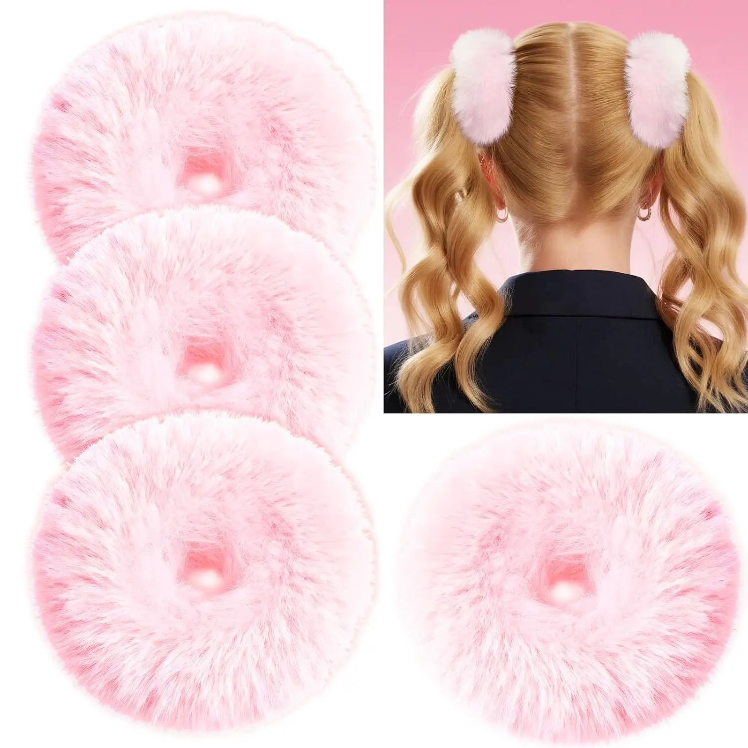 4 count  Pom Pom Hair Ties, Furry Faux   Light  Scrunchies, Hair Ties Ponytail Holders, Hair Accessories for Girls Women