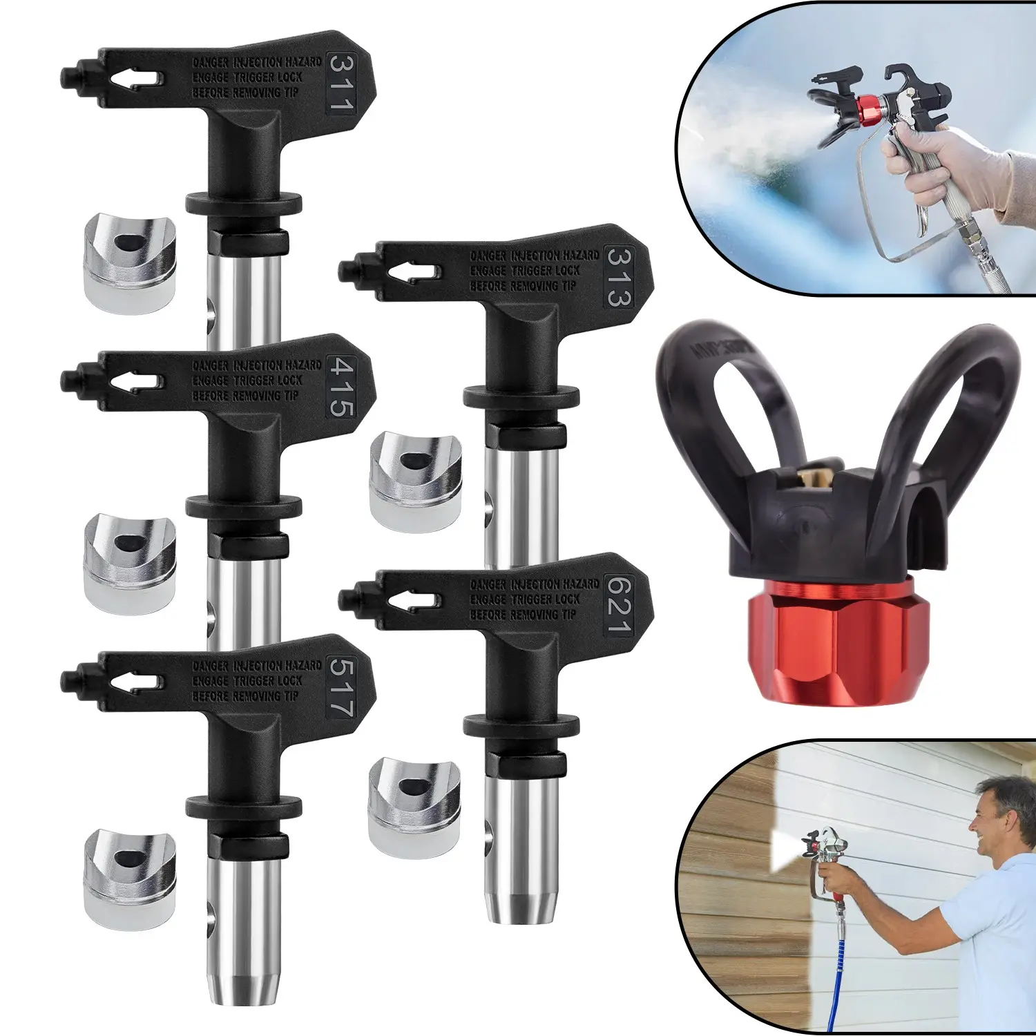 6-Piece Reversible Airless Paint Sprayer Tips and Tip Guard Set, Metal with Stainless Steel Finish, Durable Wear-Resistant Nozzles for Spray Guns & Machines, Nozzles Sizes Include 311, 313, 415, 517, 621
