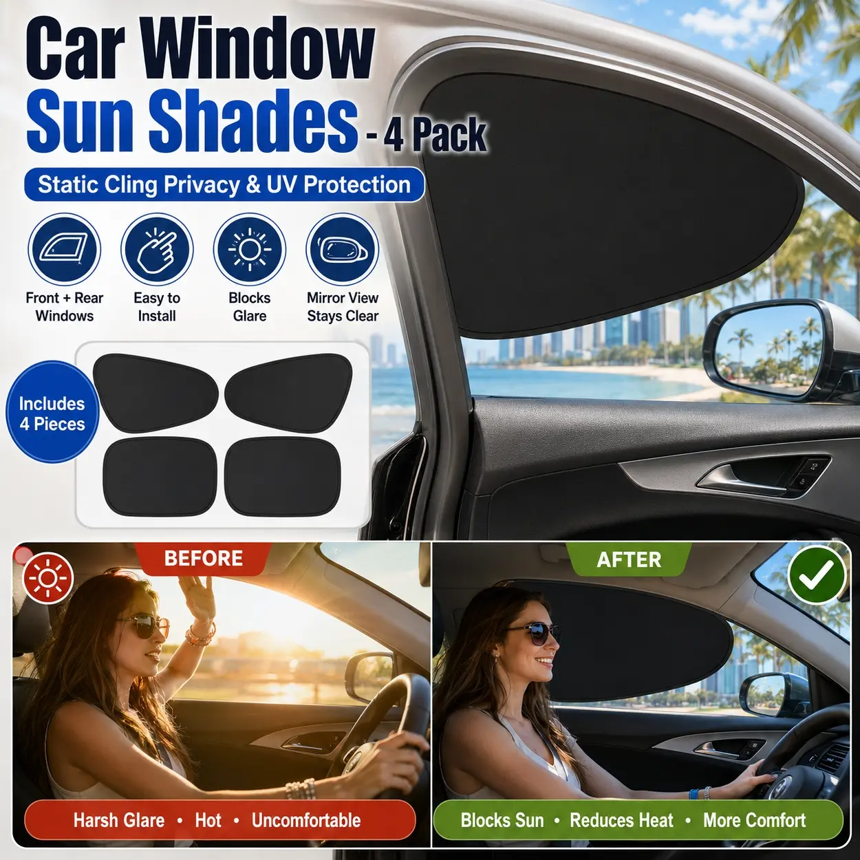 Universal Fit Car Side Window Shades 4-Pack, Electrostatic Black Sunshade Curtains, Front Rear Window Privacy Screen, UV Protection Heat Block, No Suction Cups, Foldable Shade for Family Car SUV Truck Travel, Car Window Sunshades