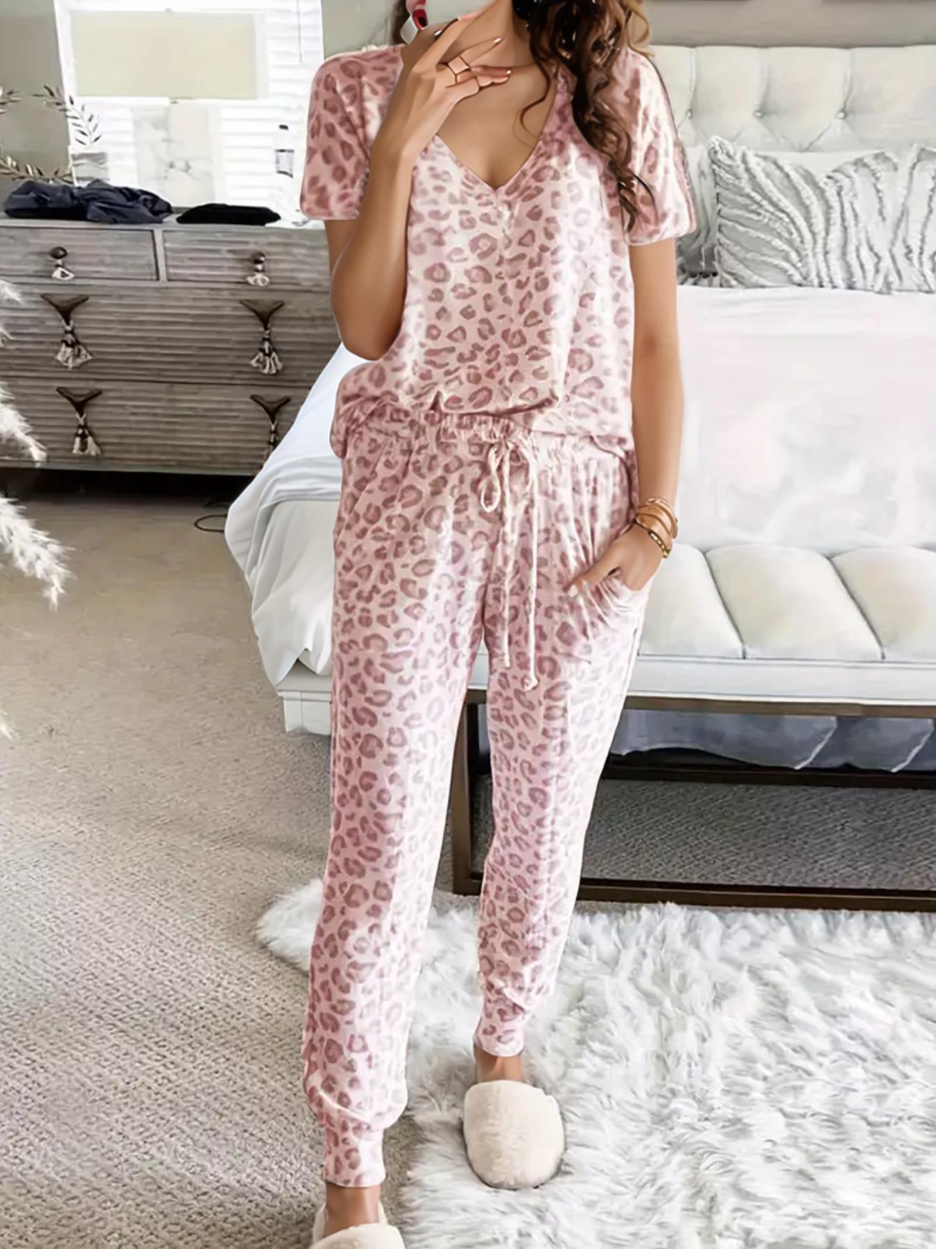 Two-piece Women's Leopard Print Drop Shoulder Top & Drawstring Pants Pajama Set, Casual Comfortable Long Sleeve V-Neck Top & Pocket Trousers Set, Women's Loungewear for Spring & Fall