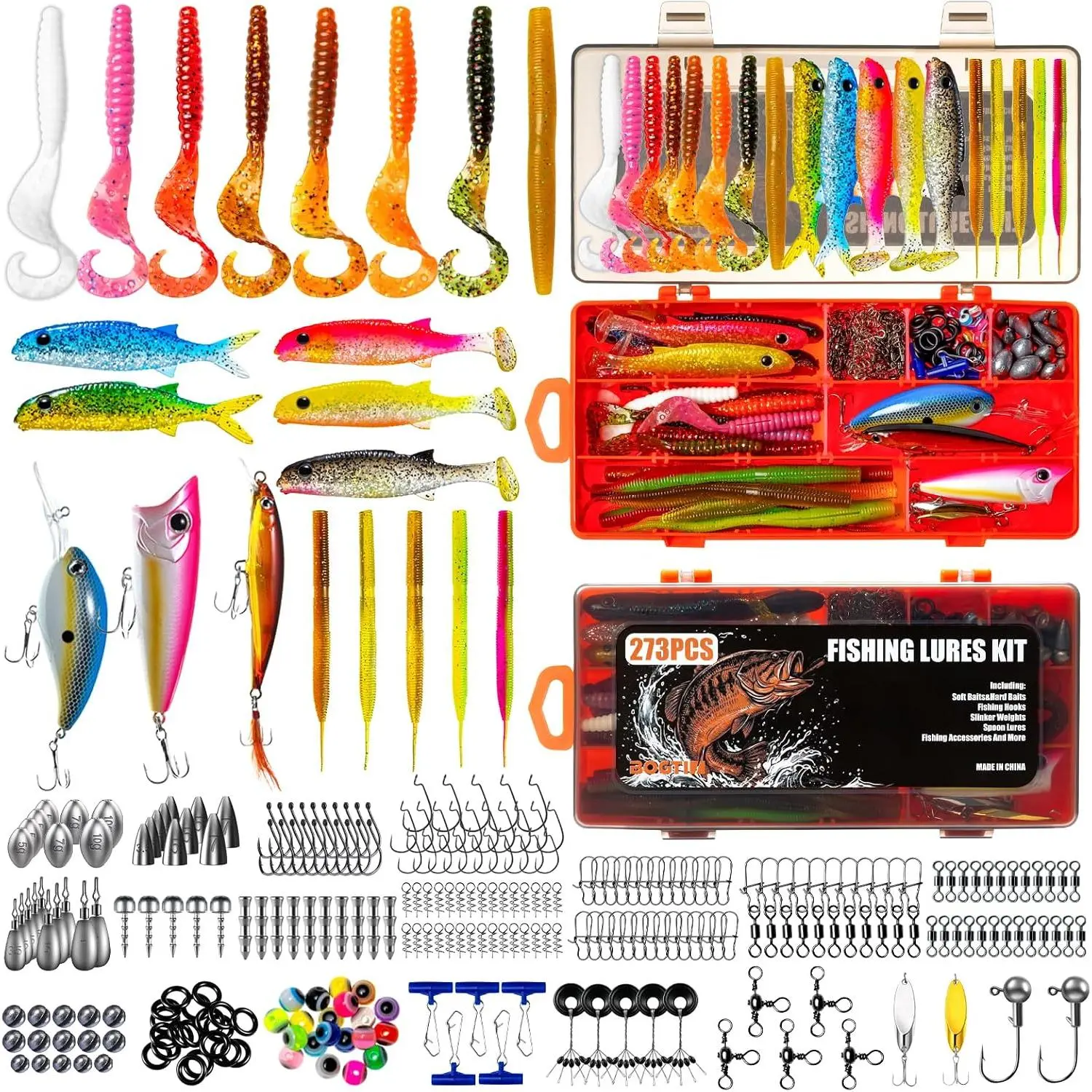 Fishing Lures, 273 count Fishing Gear & Equipment Kit with Tackle Box, Freshwater & Saltwater Bass Trout Fishing Soft Lures Hard  Set  for Men Women