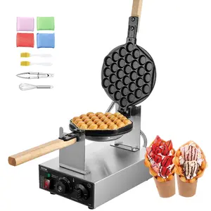 Commercial Bubble Waffle Maker, 1400W Egg Pancake Baker Machine, Non-Stick Stainless Steel Egg Bubble Puff, 180 Rotatable, Temp and Time Control, Wooden Handle, for Restaurant Bakery Snack Bar