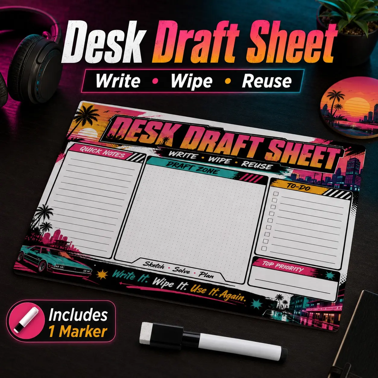 Vintage Neon Reusable Desk Draft Paper Set with Marker, Self-Adhesive Desktop Writing Board, Ideal for Notes and To-Dos
