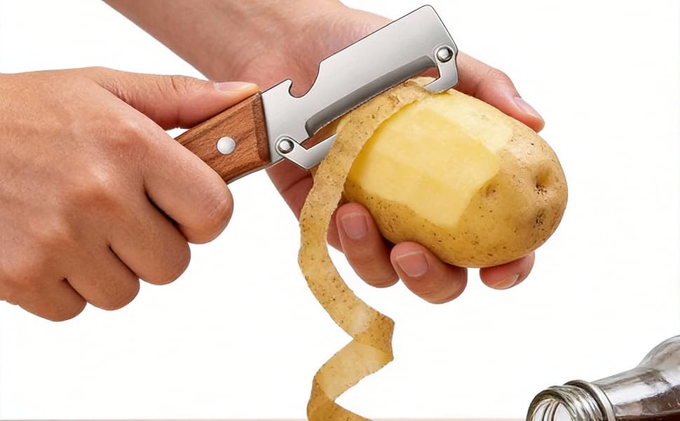 2 Pack 2 in 1 Multi Functional Vegetable Peeler with Bottle Opener and Wooden Handle Stainless Steel Blade Kitchen Tool for Sugar Cane Potato Fruit Pineapple Pumpkin Papaya Carrot Veggie Peeler