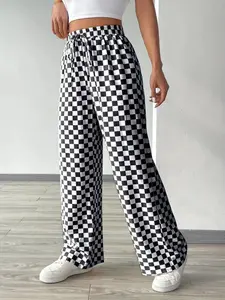 Women's All Over Geometric Checkerboard Print Drawstring Waist Loose Straight Leg Pants, Casual Comfy High Waist Trousers for Daily Wear, Ladies Everyday Bottoms for All Seasons, Womenswear