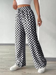 women's all over checkerboard print drawstring waist straight leg pants, casual comfy high waist trousers for daily wear, ladies bottoms for all seasons
