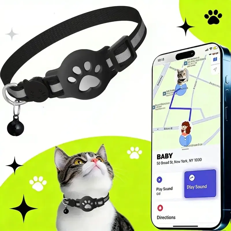 Cat AirTag collar leash with adjustable non-slip reflective strips. Cat safety detachable collar. Waterproof cat bell collar. Pet AirTag protection case. Collar, pet tracker, cat positioning tracker with fixed base, cat collar.