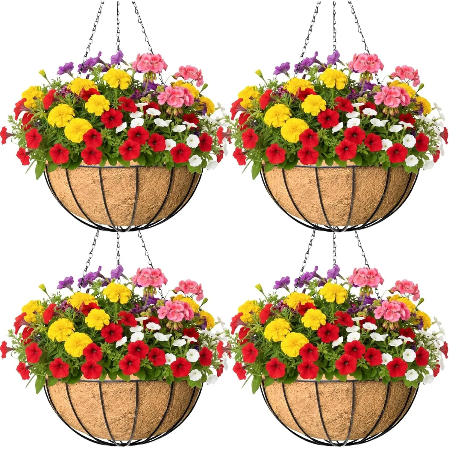 4 Pack 8 Inch  Baskets for  Outdoor Metal  Planter Basket with Coco Coir Liner  Flower Baskets Hangings Flower Pots Holder for Garden, Patio(Watermelon)