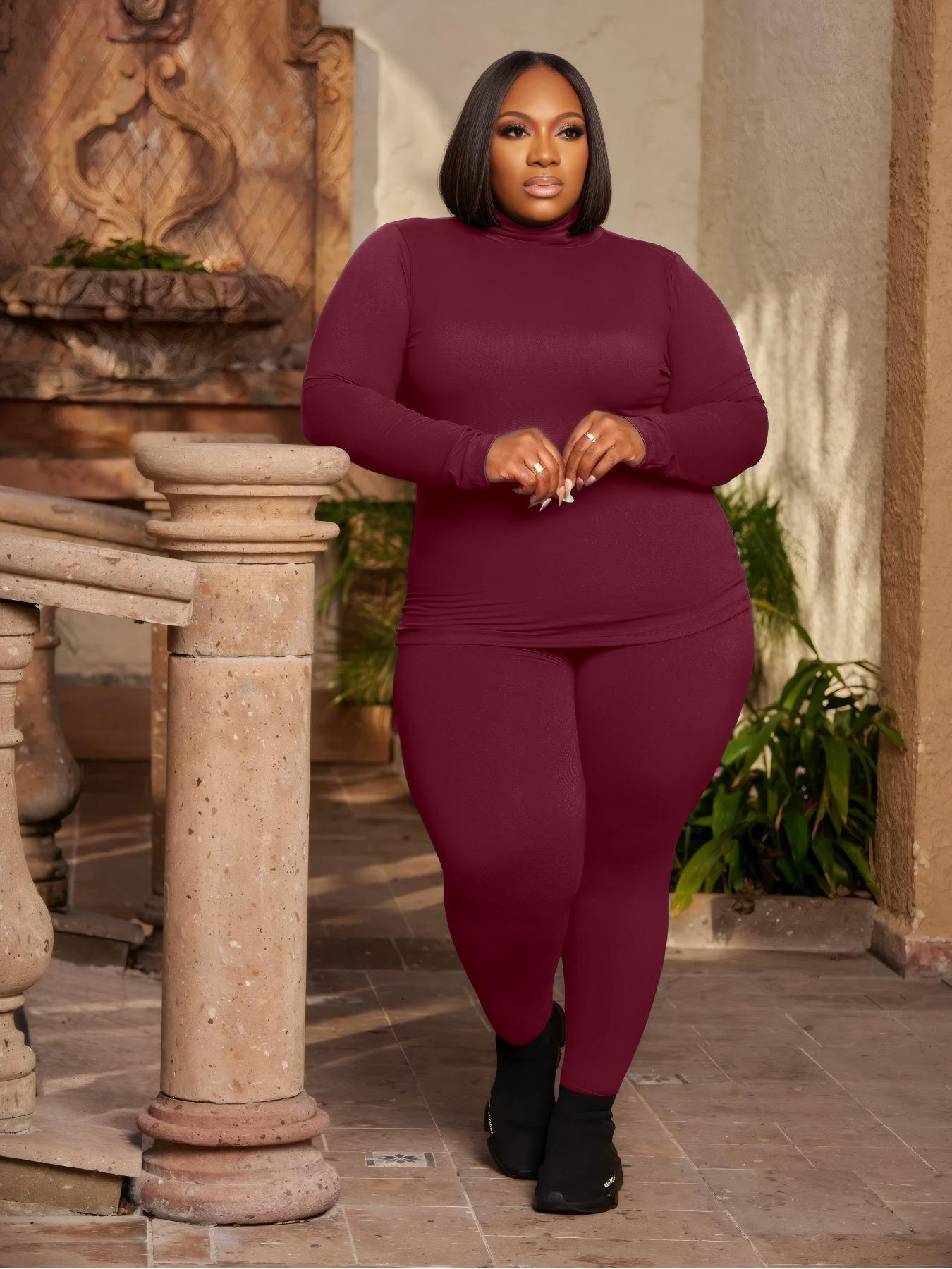 【Plus Size】 Two-Piece Set Solid Long Sleeve Tee & Skinny Pants, Casual Turtleneck Top & Trousers for Daily Outdoor Wear, Women's Two-piece Outfits for Fall & Winter