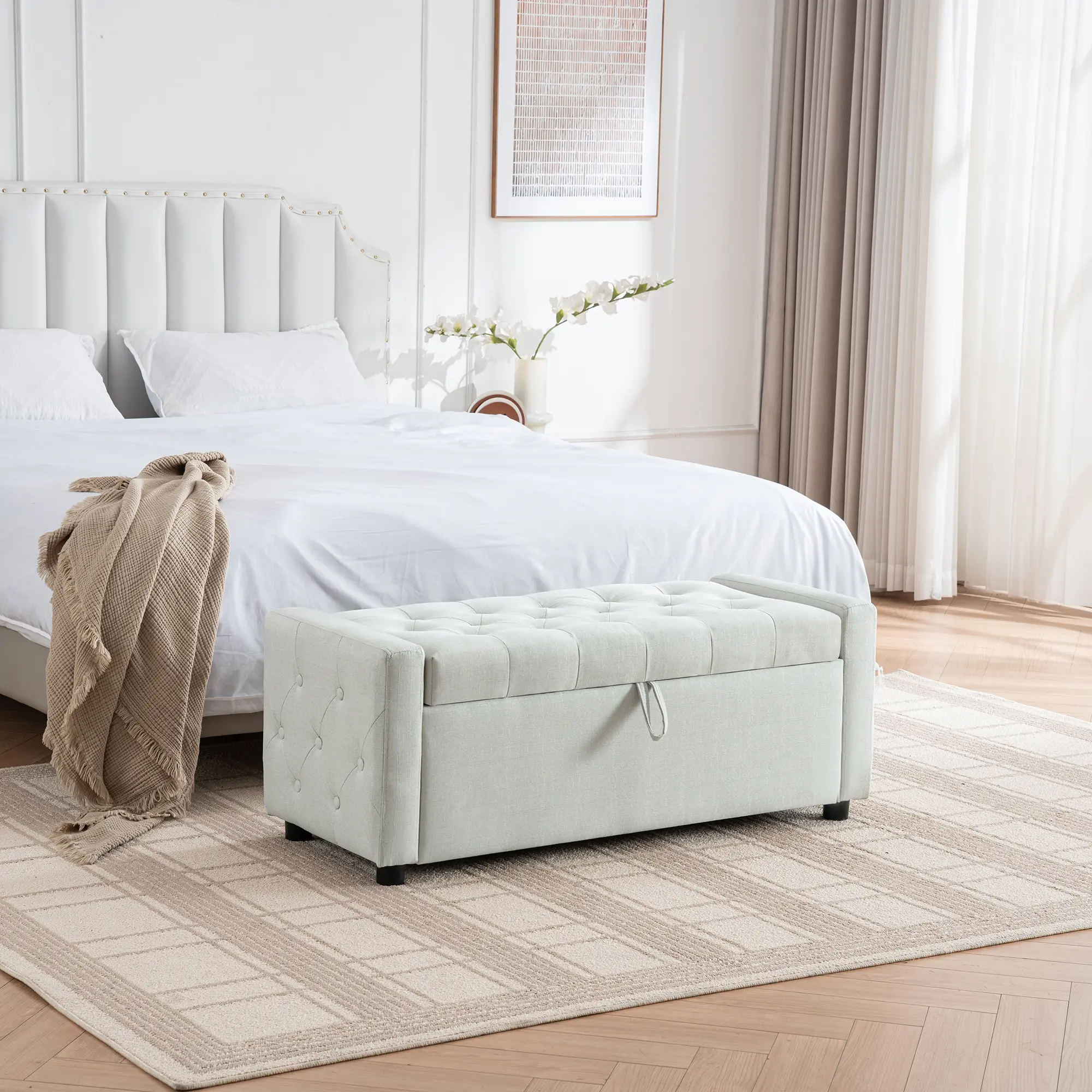 ARCH Light Grey Storage Ottoman Bench with Internal Storage, Linen Fabric Footstool with Wood Frame, Large Capacity Zipper Storage Stool for Living Room Bedroom Entryway, 48x17.7x18.5 Inch, LIGHT GREY Color Options, Wood+Metal Material