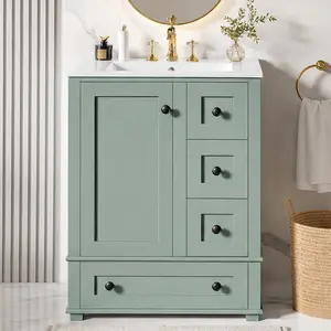 ARCH 24-Inch Light Green Wood Bathroom Floor Vanity Cabinet - Integrated Ceramic Sink, Soft-Close Drawers & Door, Double-Layer Adjustable Shelf, Solid Wood+MDF Frame, 24.00"w x18.30"d x34.00"h, 31.5"l x23.5"w x16.9"h, 81.57 lb, for Bathroom Storage