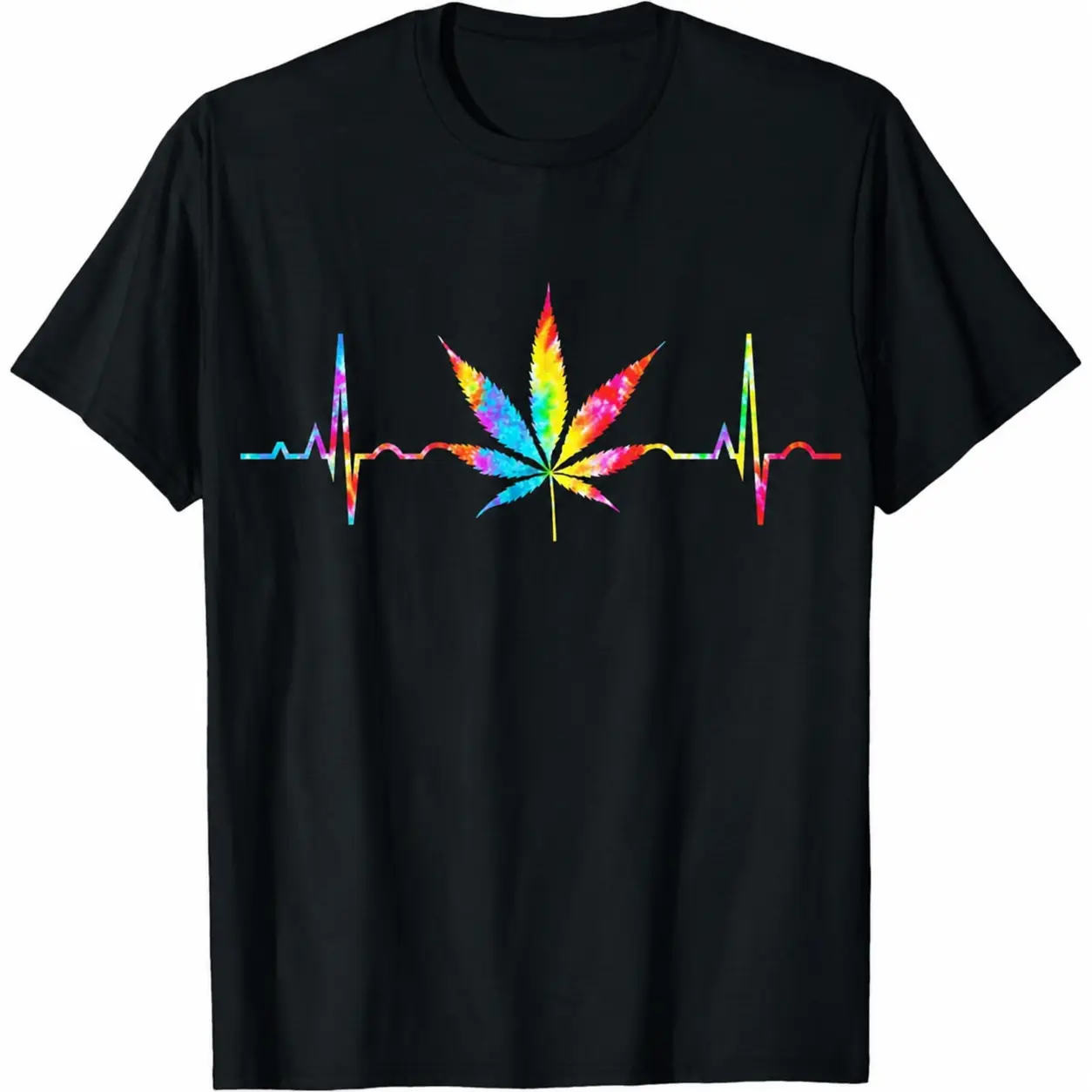 Funny Weed Leaf Heartbeat Graphic T-Shirt, 100% Cotton Adult Unisex Crew Neck Short Sleeve Cannabis Stoner Tee, Tie Dye Style Shirt, Ships from USA Top Womenswear, Tshirt, Shortsleeve, Casual, Round Neck, Adult Fit, Colorful Print, All Season