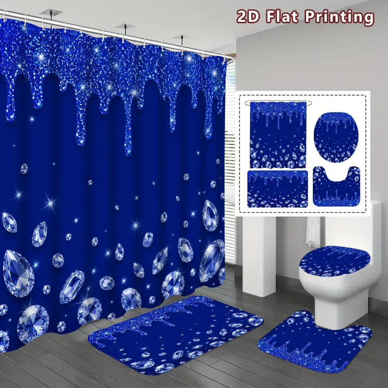 4-piece set of blue glitter diamond shower curtain set, royal blue drip glitter bright diamond bathroom decoration, accessories include floor mats, U-shaped mats, toilet covers, shower curtains with hooks, home decoration, bathroom accessories