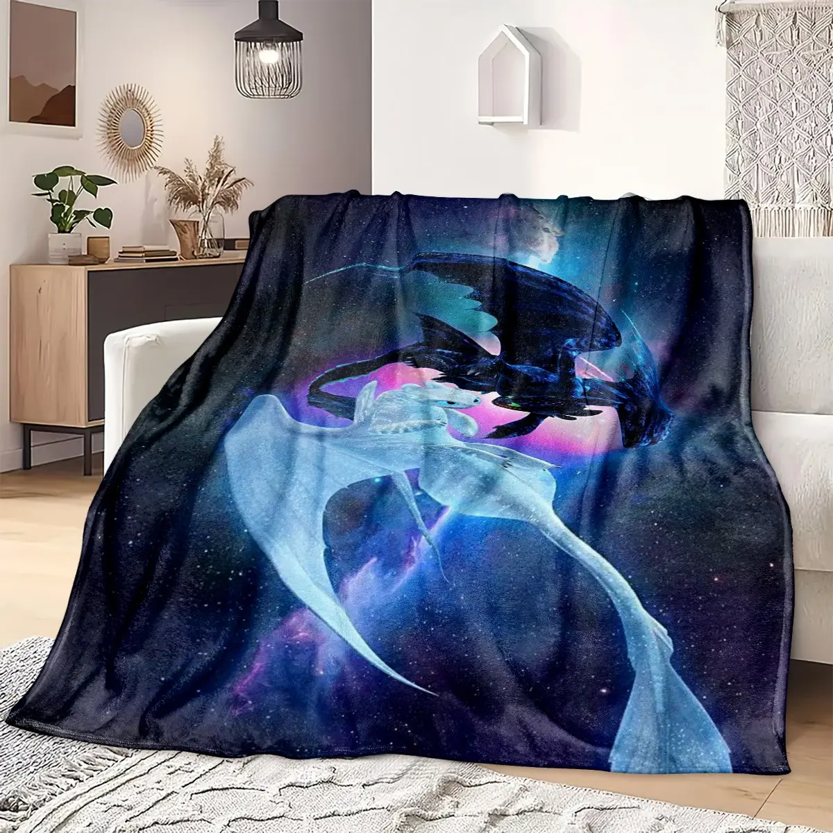 Dragon Trainer Toothless & Light Fury Print Flannel Blanket, Ultra Soft Microfiber, All-Season, Sofa, Bedroom, Office, Camping, Gift