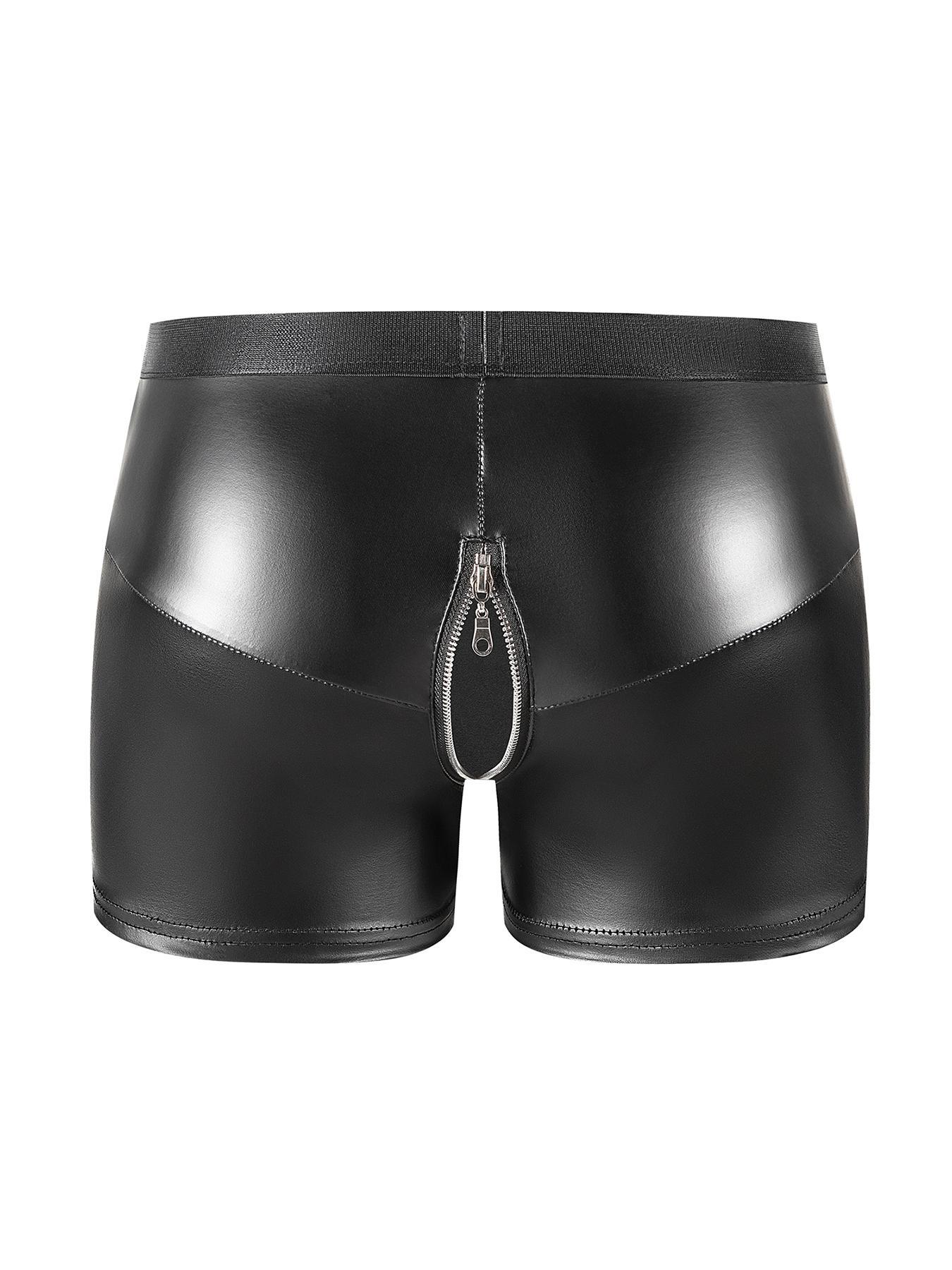 Men's Solid Color Zipper Open Crotch Boxer Briefs, Sexy Comfy Breathable PU Leather Underwear for Daily Wear, Fashion Men's Underwear for All Seasons