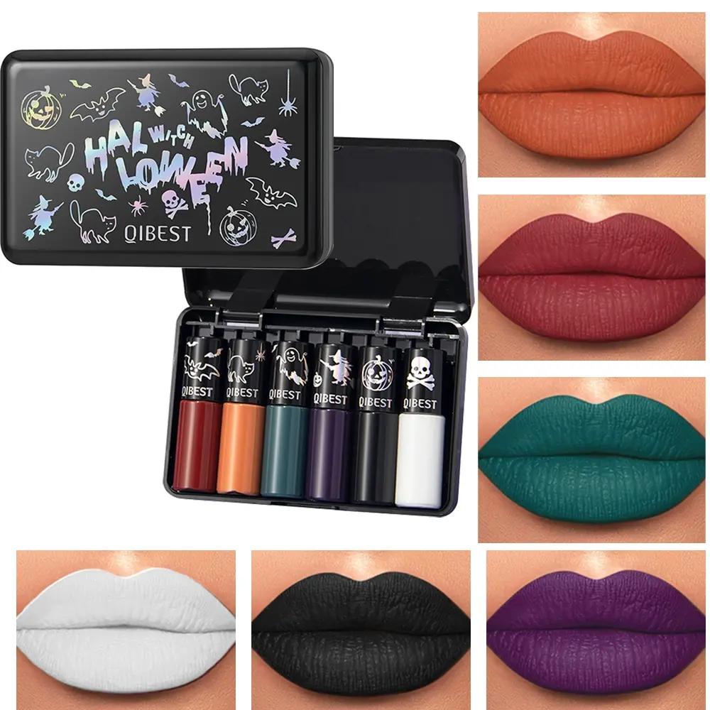 Halloween Matte Liquid Lipstick Set, 6 Colors Velvet Lip Gloss Kit, Silky Non-Drying Long Lasting Lip Tint, Gothic Black White Purple Orange Green Red Lip Makeup for Cosplay Party Costume