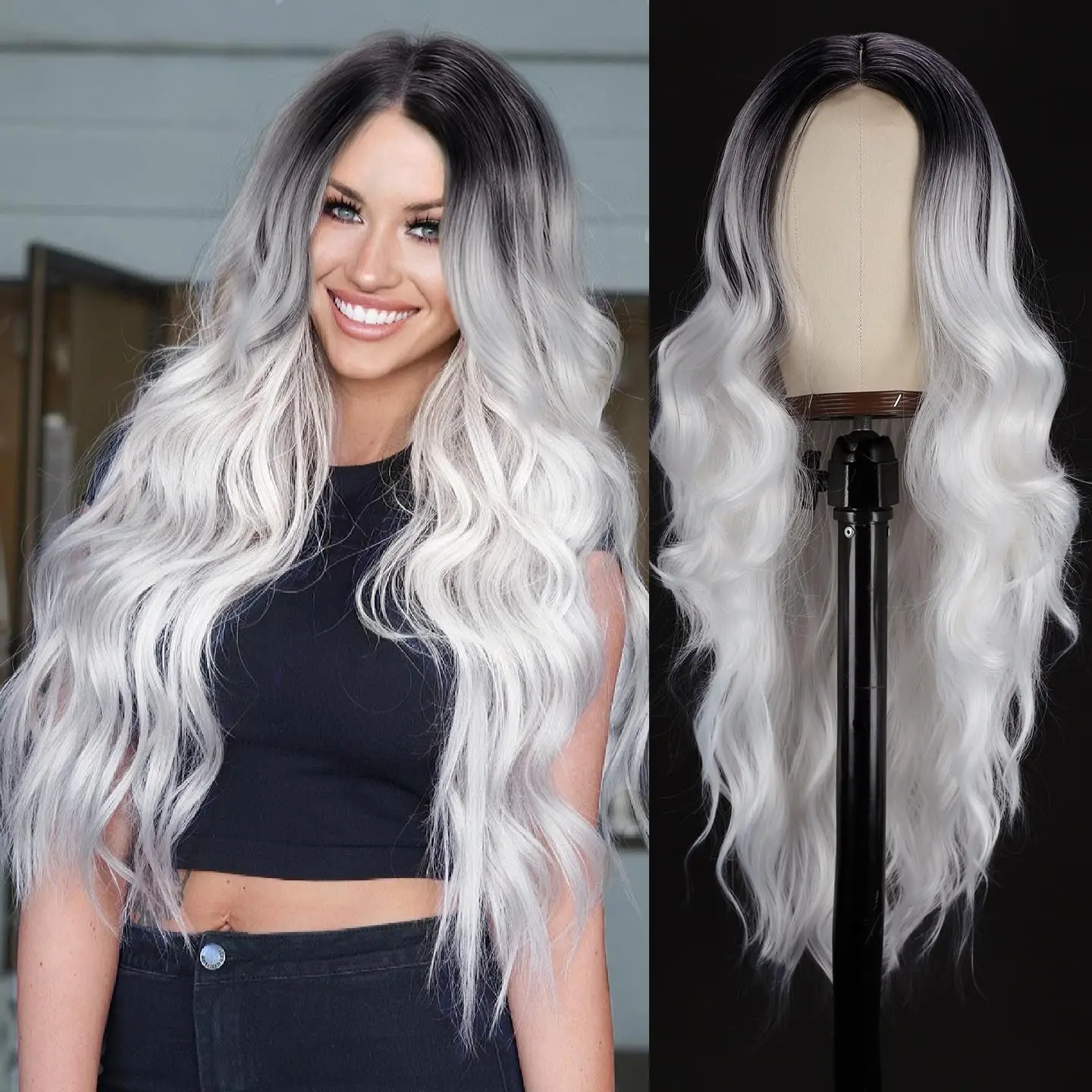 Ombre Grey Wig 26 Inch Long Wavy Gray White Wigs for Women Curly Wig Synthetic Lace Wig for Halloween  Daily Use