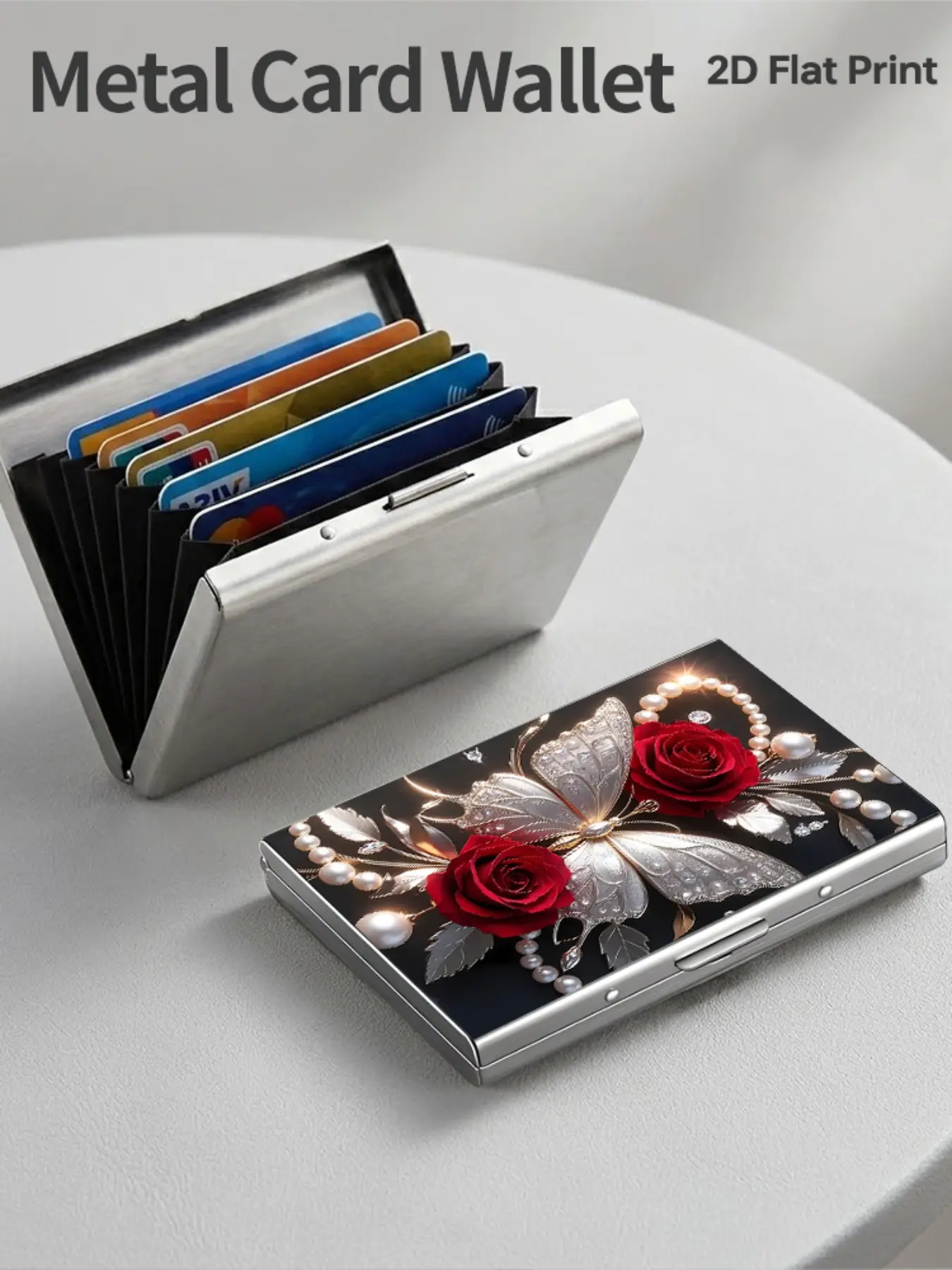 Stainless Steel Rfid Anti-Theft Card Holder, Rose Butterfly Design, Slim Wallet for 6 Cards, Gothic Punk Style, Unisex Gift