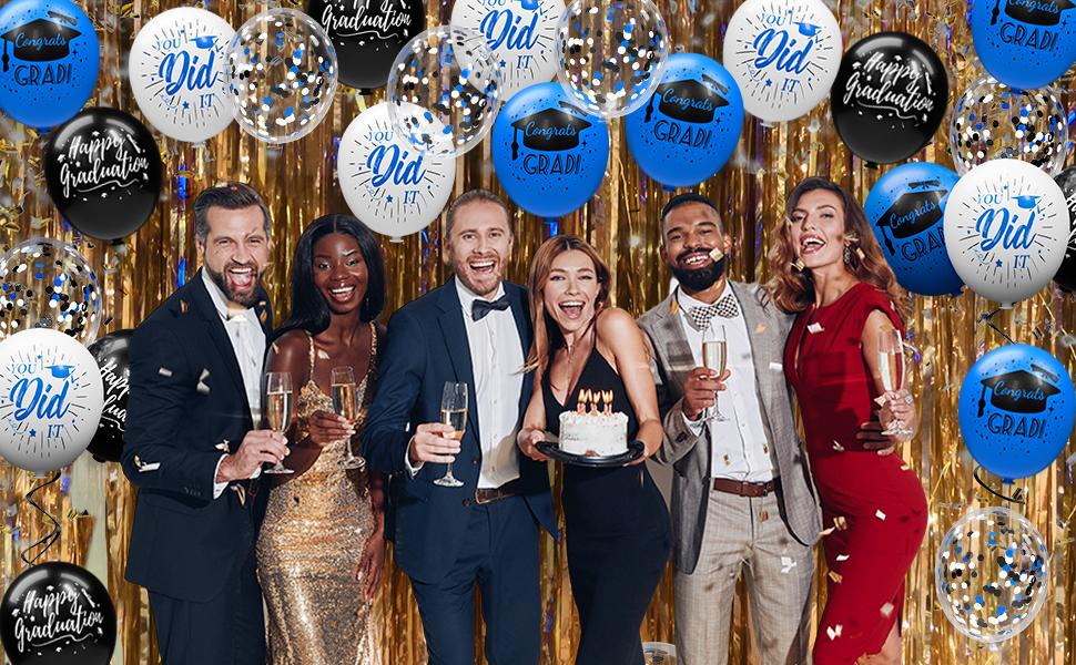 78 Pack Blue and Black Graduation Balloons Class of 2026 Graduation Decorations - 12 Inch Royal Blue White Congrats Grad Balloons with Ribbons, 2026 Grad Party Decorations for College, High School