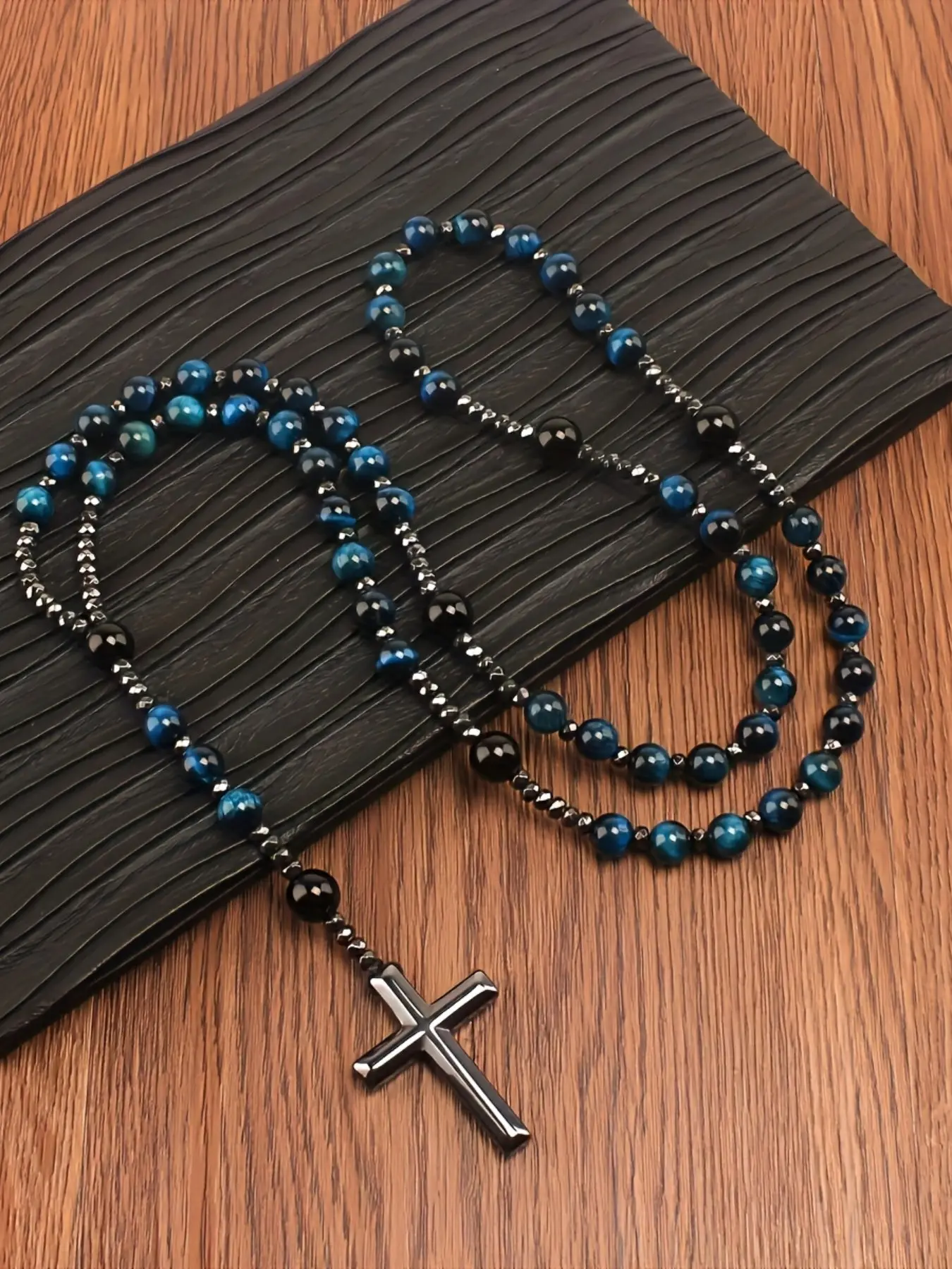 1PC Retro Cross Blue Tiger's Eye Imitation Stone Bead Long Necklace, Unisex for Daily Wear and Party Gifts