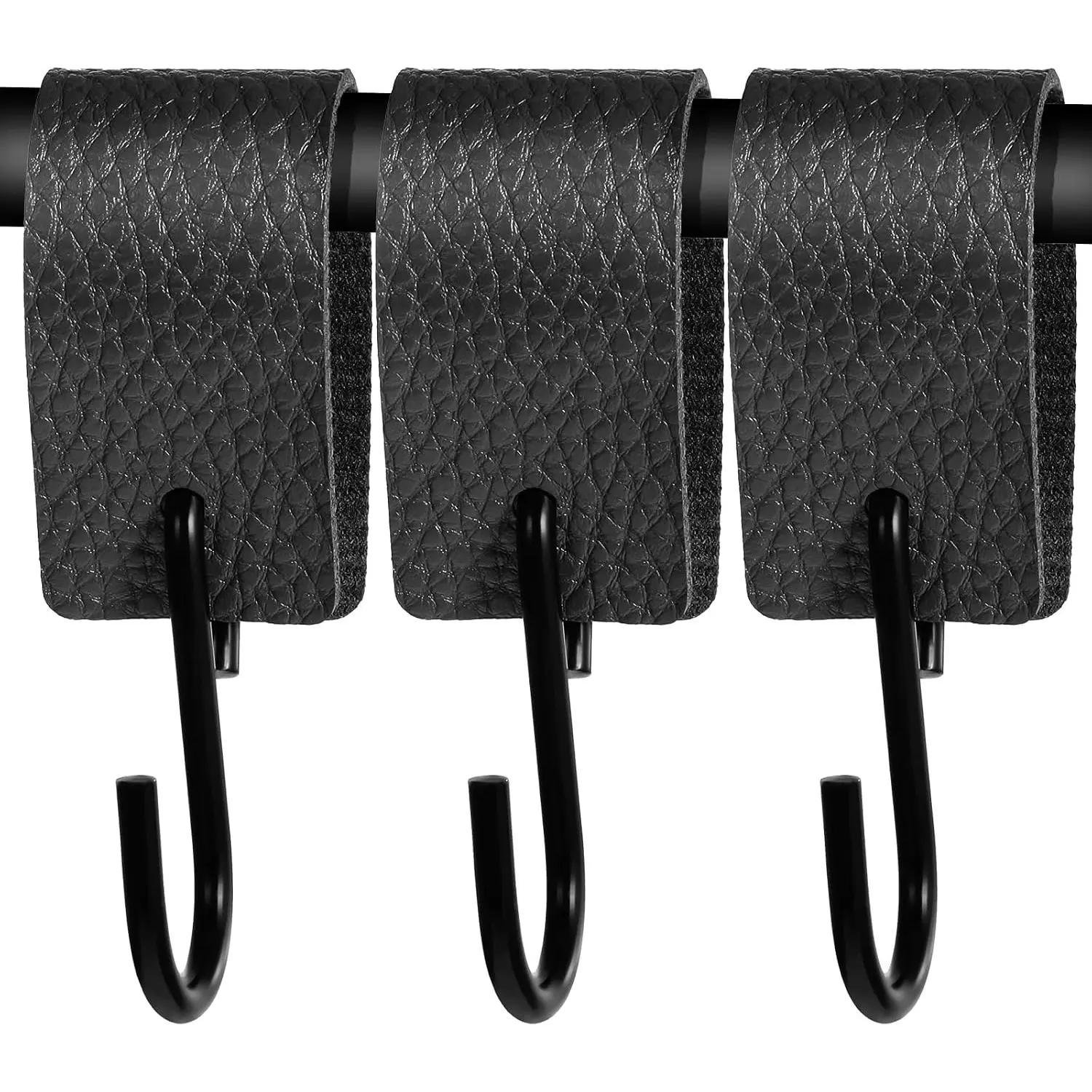 Leather S Metal Hooks,3 Pcs Multifunctional S-Hooks with PU Leather Coat S Hooks for  Clothes Outdoor Camping  Kitchen(Black)