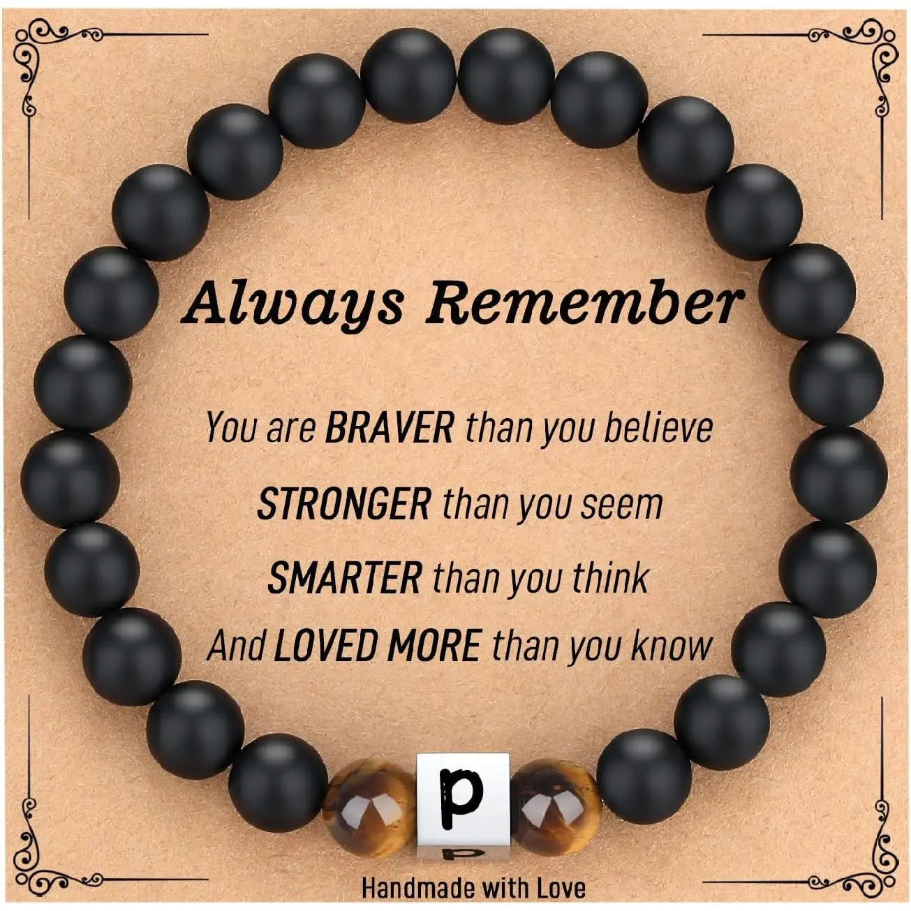 Gifts for Teen Boys , Initial Bracelet for Boys Men, Personalized A-Z Letter  Stone Black Beads Bracelet  Christmas