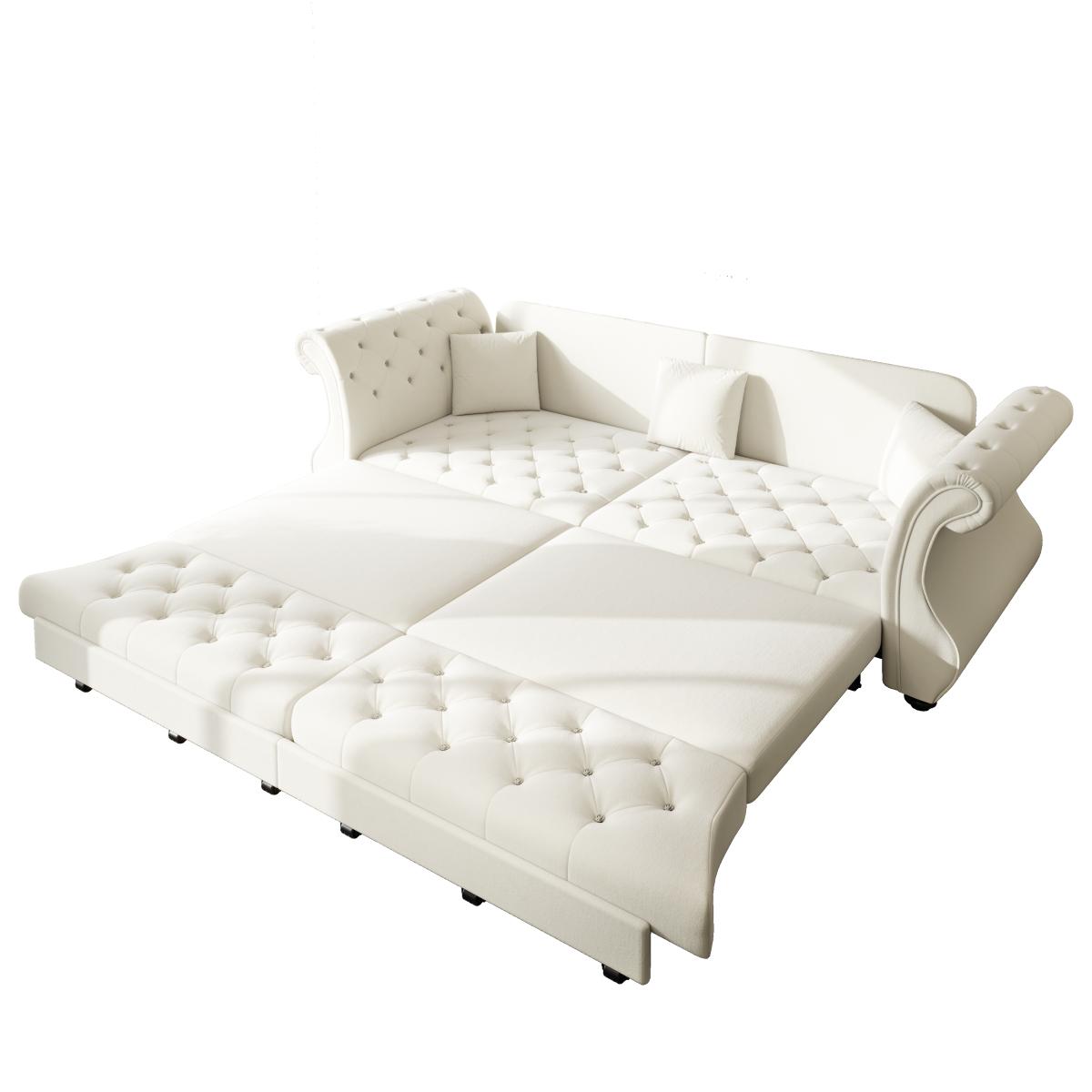 97.6" Oversized  Chesterfield Pull Out Sofa Bed, Classic Roll Arm Velvet Couch with Flower Tufting, Upholstery for Living Room/Bedroom/Apartment, Beige/White