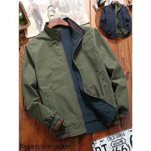Men's Long Sleeve Casual Stand Collar Zip Up Outdoor Windbreaker Jacket with Angled Pockets, Reversible, Navy Blue Jacket, Flight Jacket, Reversible Jacket, Lightweight Jacket, Fall