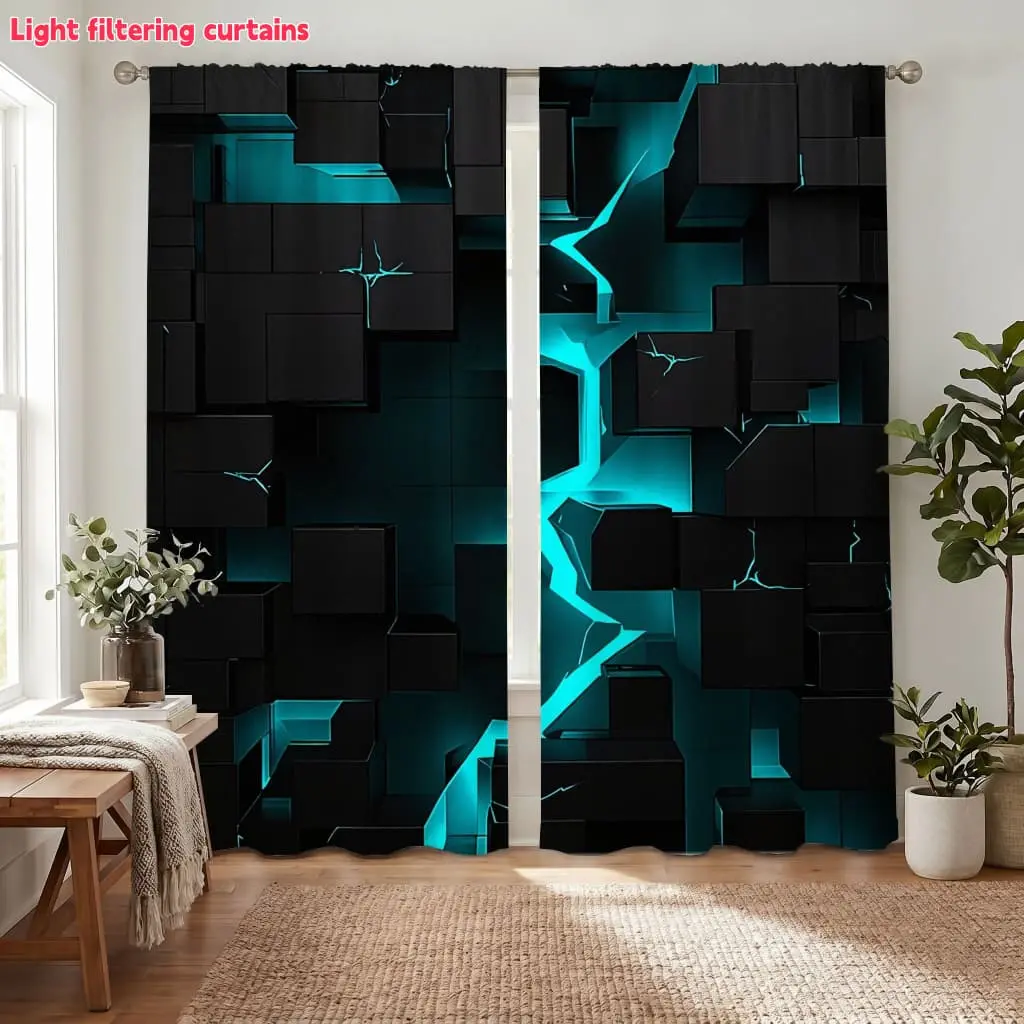 2Pcs 2D Abstract Geometric Cubes Neon Blue Lightning Crack Window Curtains, Home Decoration Curtain, Digital Printing, Light Filtering, Privacy Protection, for Living Room Bedroom Study Hotel Restaurant Home Decor