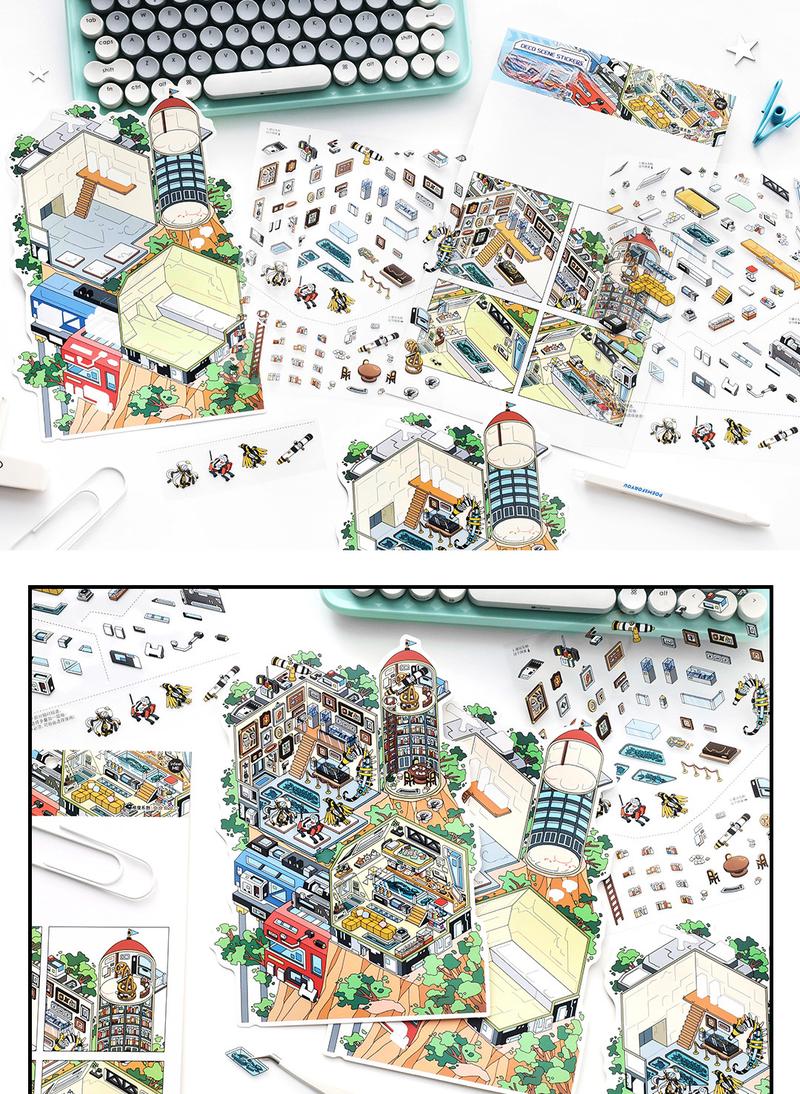 12 oversized scene stickers, fun scene themes, vintage style, PET white card dual materials, self adhesive, DIY journal decoration scrapbook notebook material sticker pack