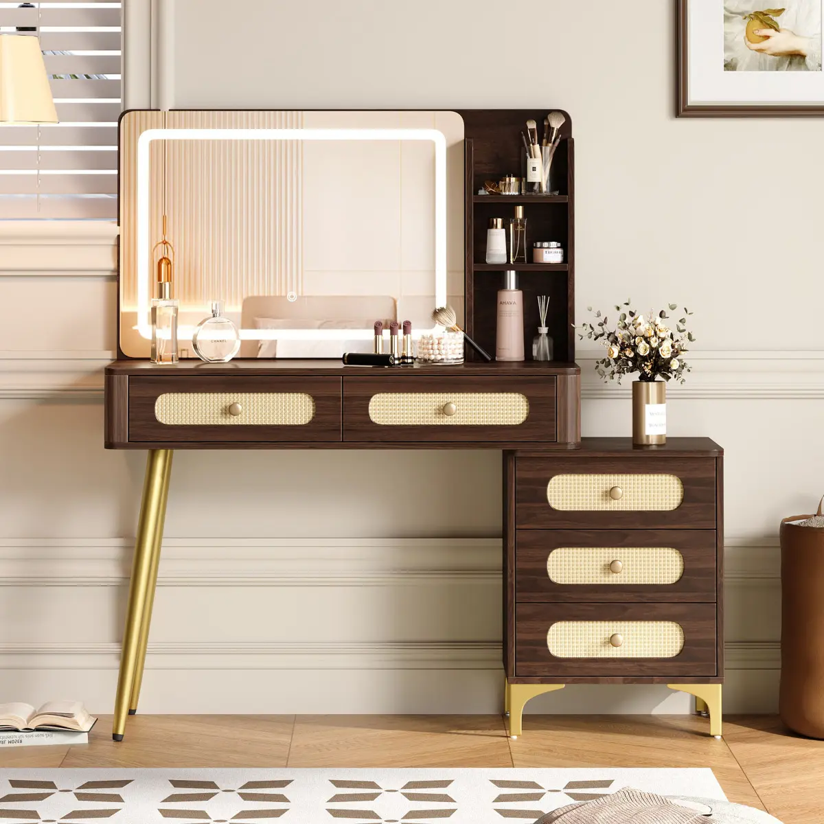 Brown 47-in Vintage Makeup Vanity Desk with Lighted Mirror, 5 Rattan Drawers, Storage Shelf, 3 Color Modes and Adjustable Brightness
