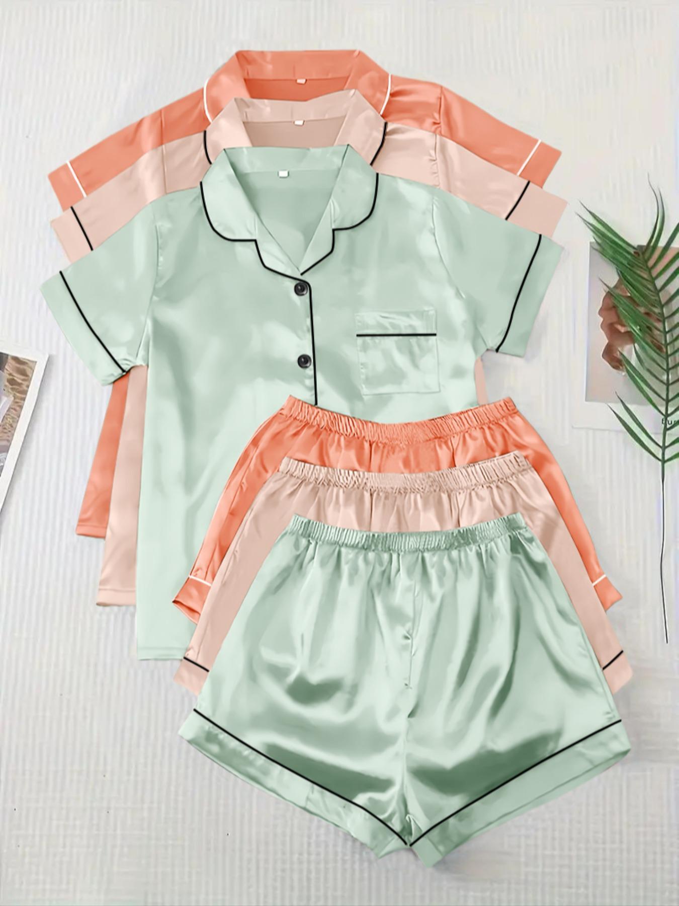 Women's Solid Satin Pyjama Set, Short Sleeve Button Front Lapel Shirt & Contrast Binding Shorts PJ Set, Summer Sleepwear Set, Pajamas, Silky Satin Pajama