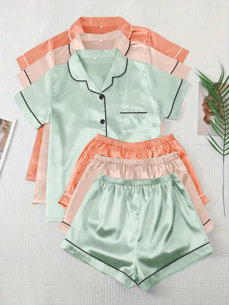Women's Solid Satin Pyjama Set, Short Sleeve Button Front Lapel Shirt & Contrast Binding Shorts PJ Set, Summer Sleepwear Set, Pajamas, Silky Satin Pajama